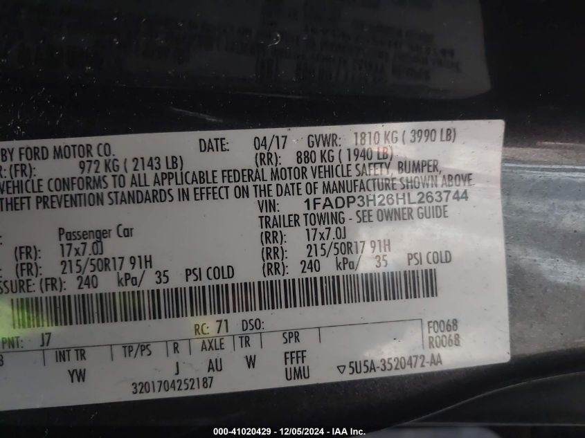 VIN 1FADP3H26HL263744 2017 FORD FOCUS no.9