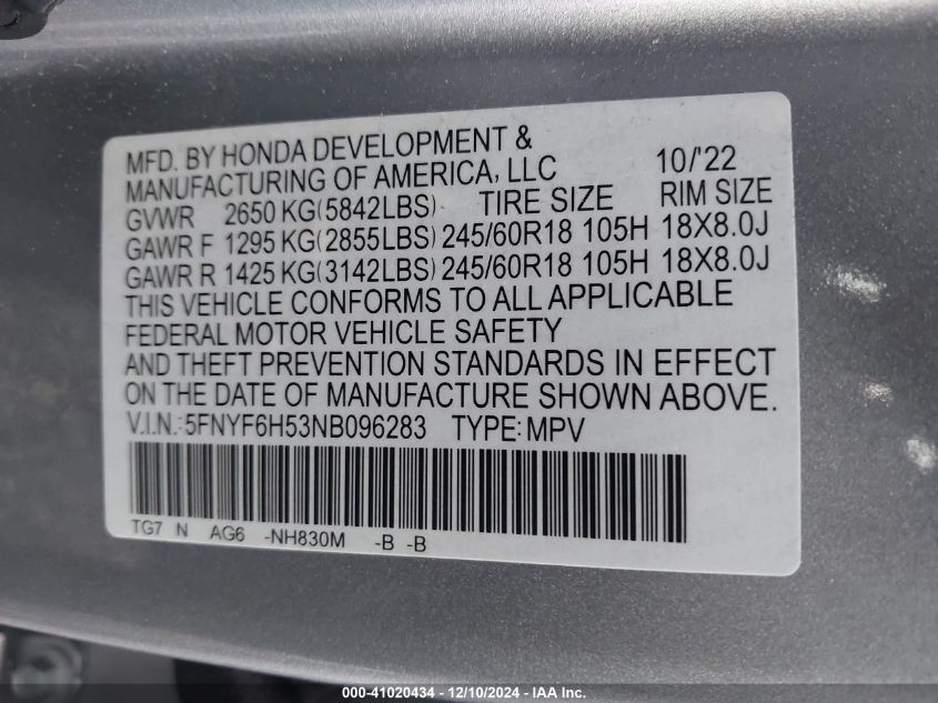 VIN 5FNYF6H53NB096283 2022 Honda Pilot, Awd Ex-L no.9