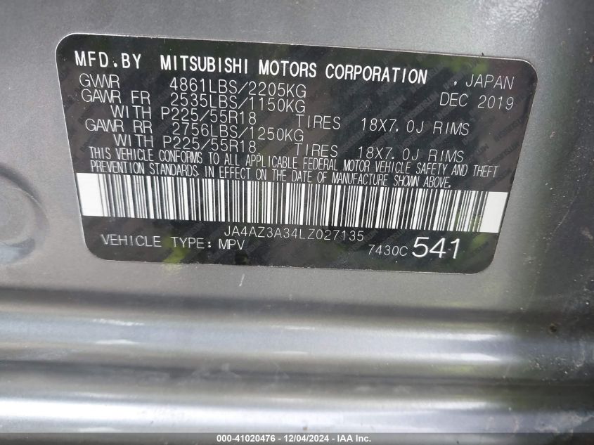 VIN JA4AZ3A34LZ027135 2020 MITSUBISHI OUTLANDER no.9