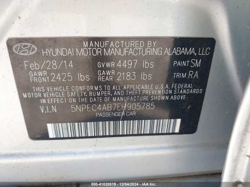 VIN 5NPEC4AB7EH905785 2014 Hyundai Sonata, Se 2.0T no.9