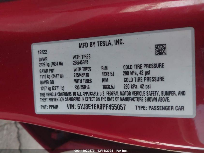 2023 Tesla Model 3 VIN: 5YJ3E1EA9PF455057 Lot: 41020579