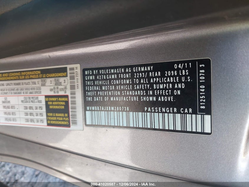 2011 VOLKSWAGEN GOLF VIN: WVWBB7AJXBW280738