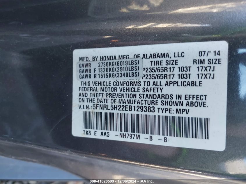 VIN 5FNRL5H22EB129383 2014 Honda Odyssey, LX no.9