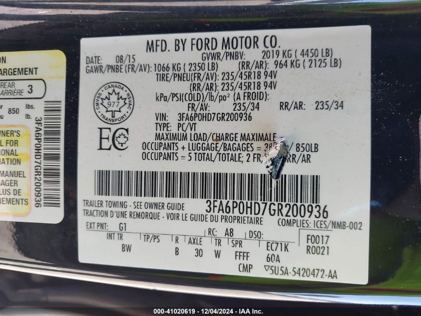 VIN 3FA6P0HD7GR200936 2016 Ford Fusion, SE no.9