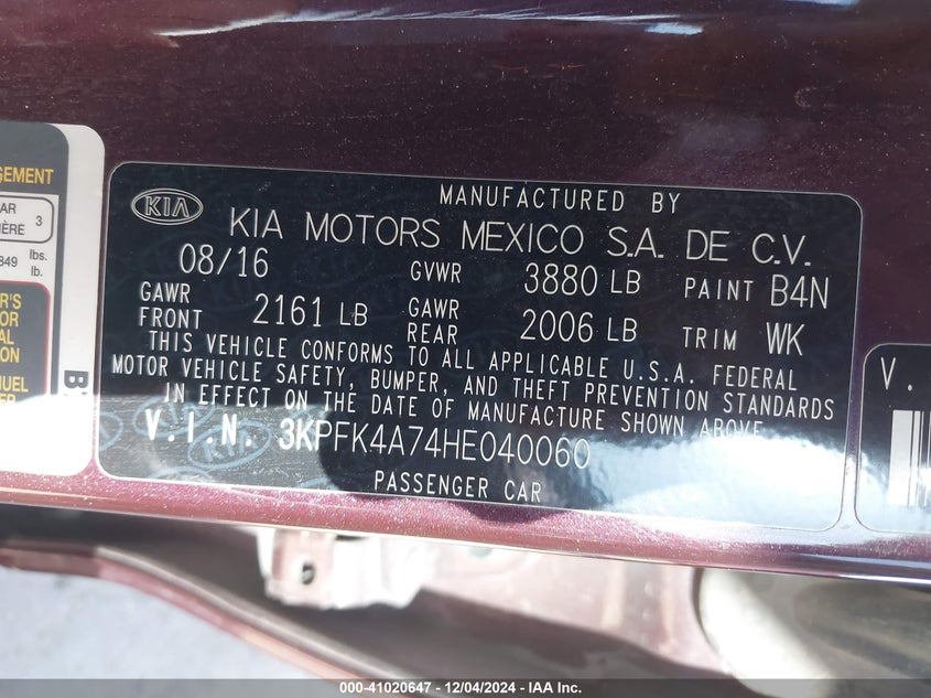 2017 KIA FORTE VIN: 3KPFK4A74HE040060
