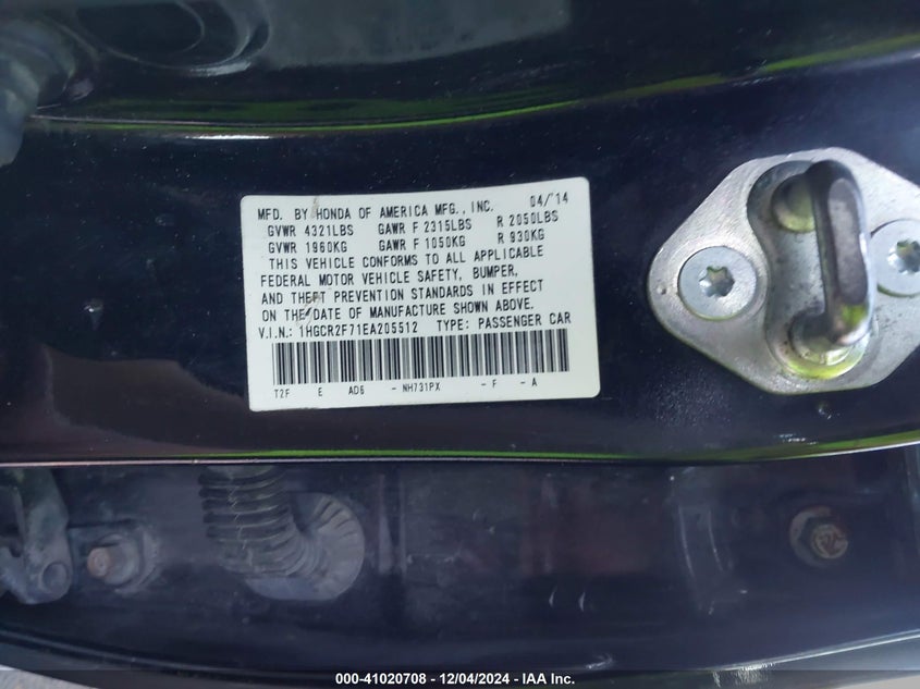 2014 HONDA ACCORD VIN: 1HGCR2F71EA205512