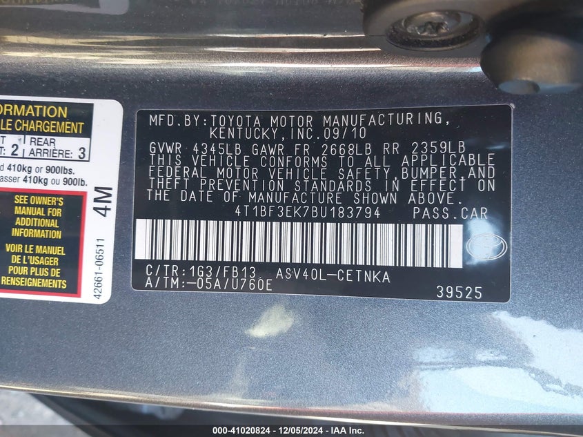 2011 TOYOTA CAMRY VIN: 4T1BF3EK7BU183794