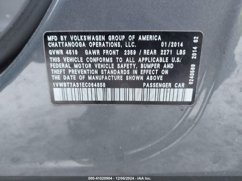 VIN 1VWBT7A31EC064858 2014 VOLKSWAGEN PASSAT no.9