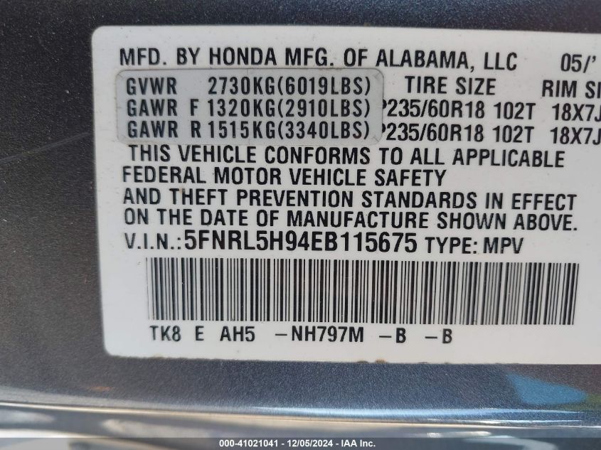 VIN 5FNRL5H94EB115675 2014 Honda Odyssey, Touring/T... no.9