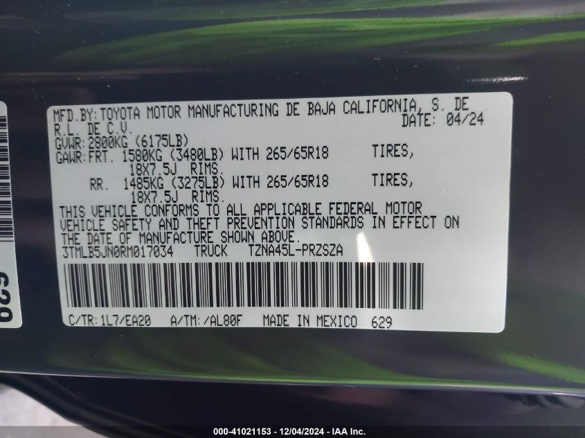 VIN 3TMLB5JN0RM017034 2024 Toyota Tacoma, Double Ca... no.9