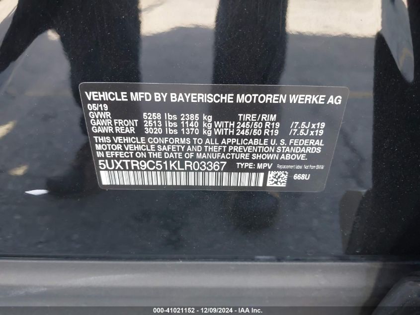 VIN 5UXTR9C51KLR03367 2019 BMW X3, Xdrive30I no.9