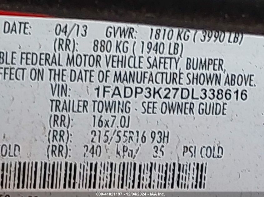 VIN 1FADP3K27DL338616 2013 FORD FOCUS no.9