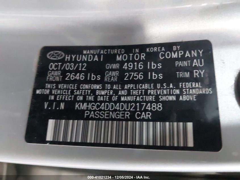 2013 Hyundai Genesis 3.8 VIN: KMHGC4DD4DU217488 Lot: 41021234