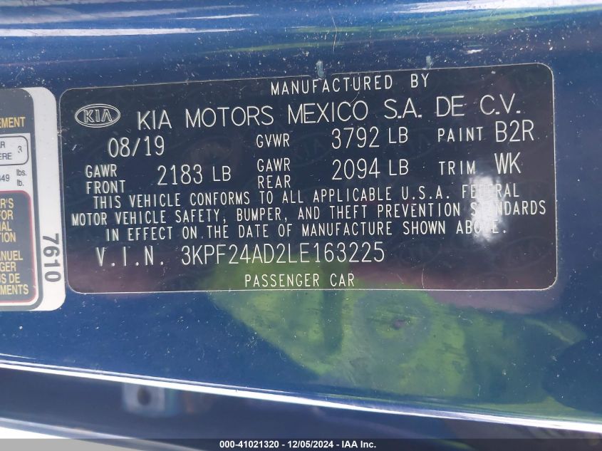 2020 Kia Forte Lxs VIN: 3KPF24AD2LE163225 Lot: 41021320