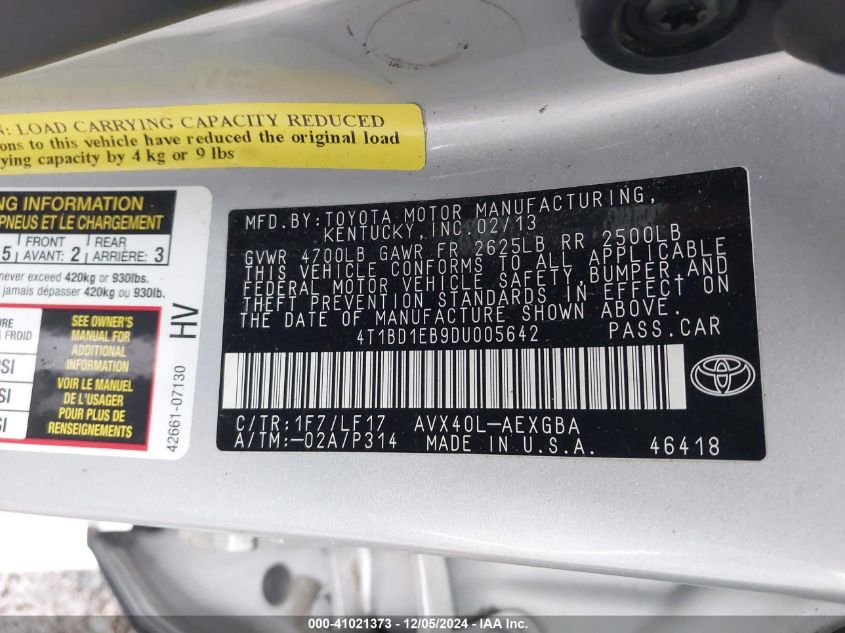 VIN 4T1BD1EB9DU005642 2013 Toyota Avalon, Hybrid Xl... no.9