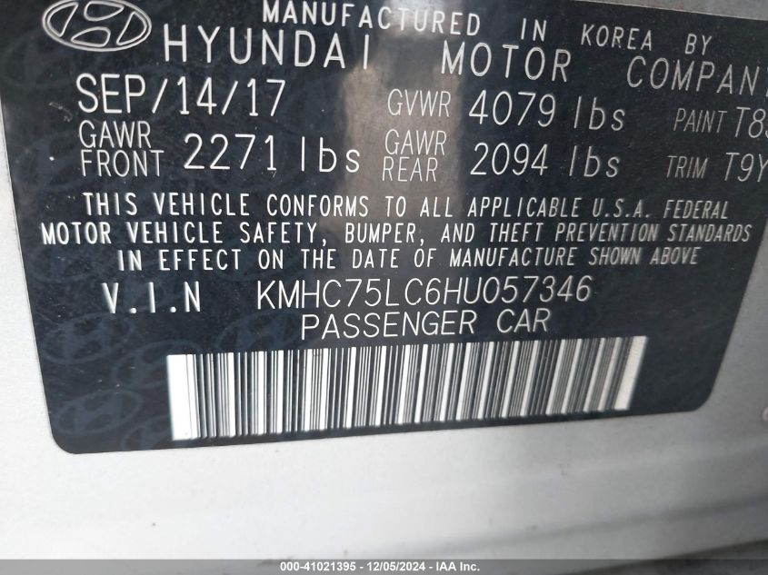 2017 Hyundai Ioniq Hybrid Sel VIN: KMHC75LC6HU057346 Lot: 41021395