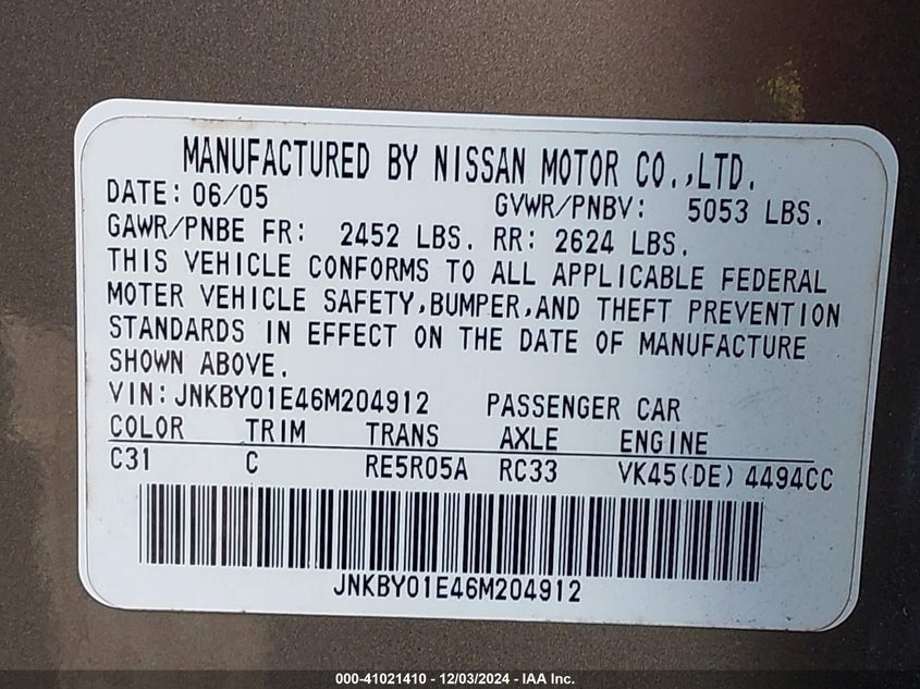 2006 INFINITI M45 VIN: JNKBY01E46M204912