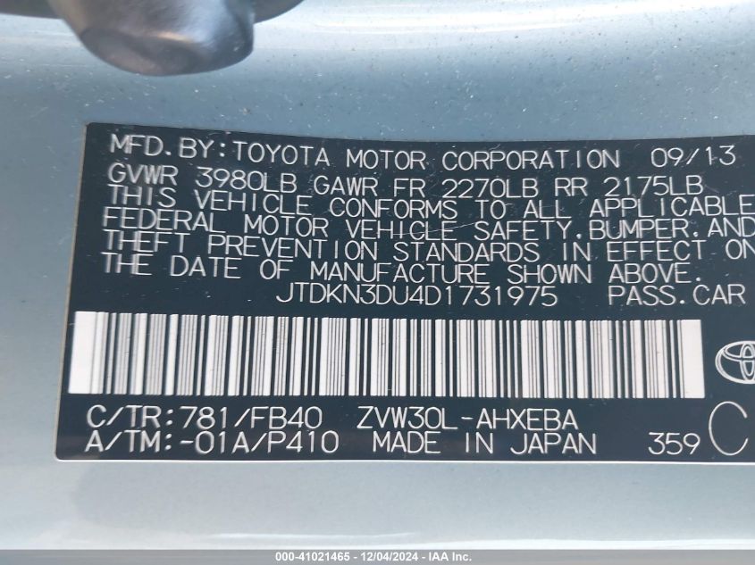 VIN JTDKN3DU4D1731975 2013 Toyota Prius, Three no.9