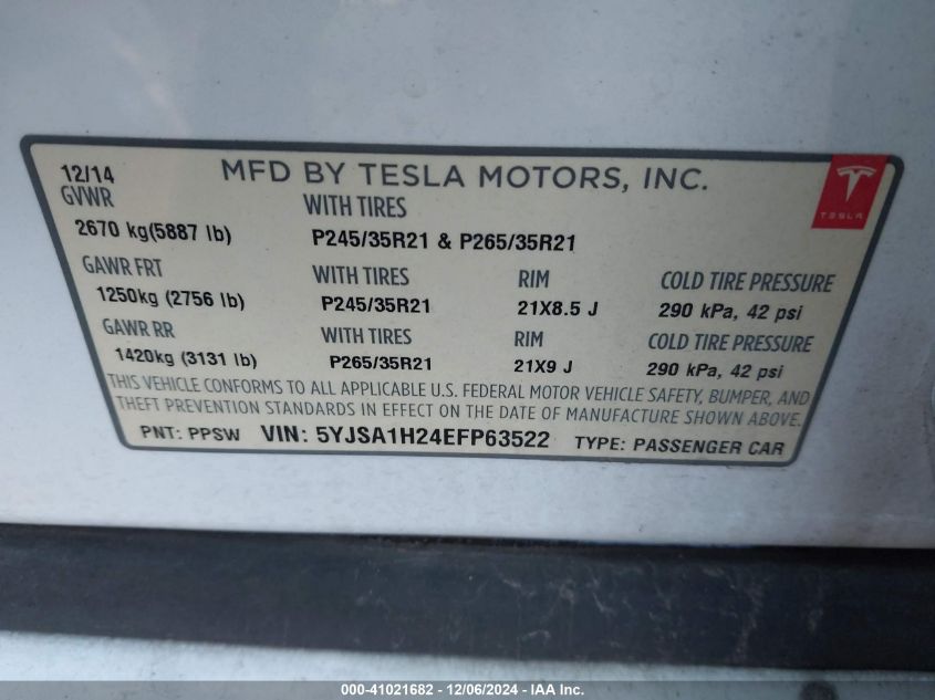 2014 Tesla Model S P85D VIN: 5YJSA1H24EFP63522 Lot: 41021682