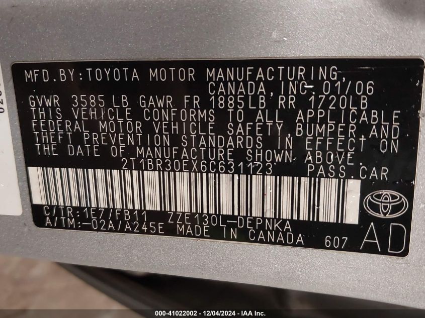 2006 Toyota Corolla VIN: 2T1BR30EX63631123 Lot: 41022002