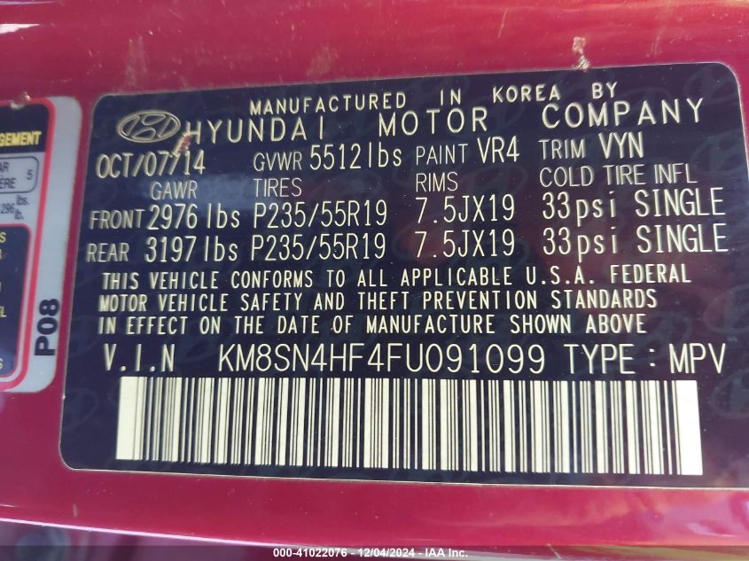 VIN KM8SN4HF4FU091099 2015 Hyundai Santa Fe, Gls no.9