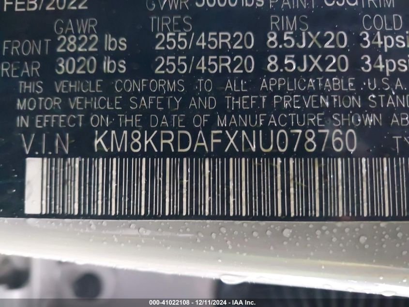 VIN KM8KRDAFXNU078760 2022 Hyundai Ioniq 5, Limited no.9