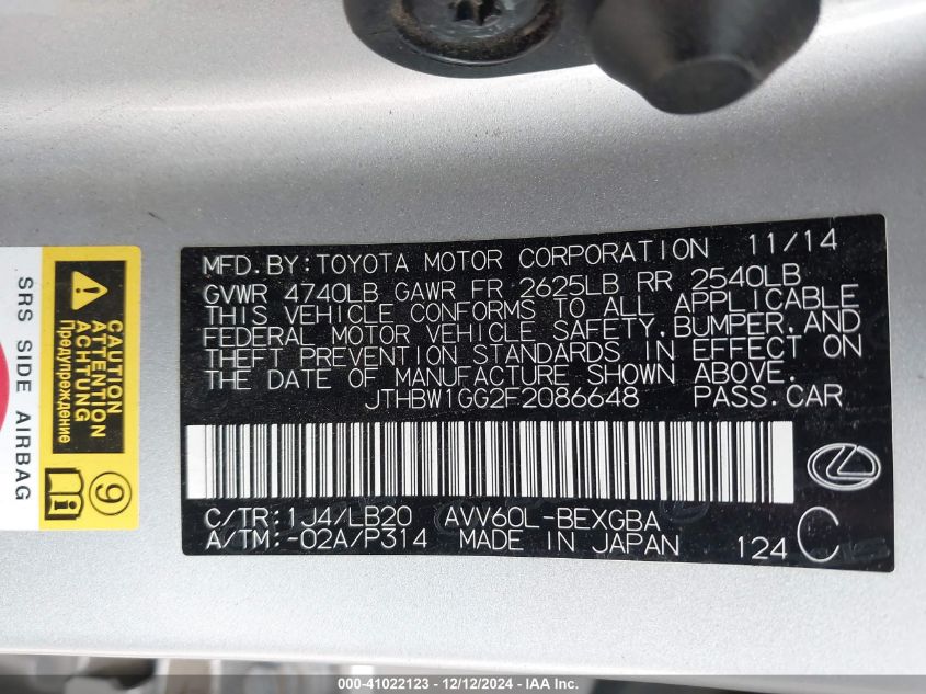 VIN JTHBW1GG2F2086648 2015 Lexus ES, 300H no.9