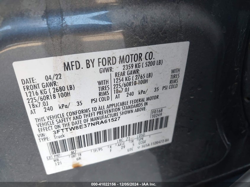 2022 FORD MAVERICK VIN: 3FTTW8E37NRA61527