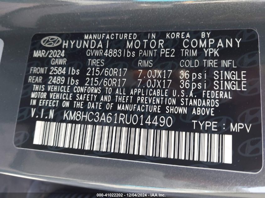 2024 Hyundai Kona Electric Sel VIN: KM8HC3A61RU014490 Lot: 41022202