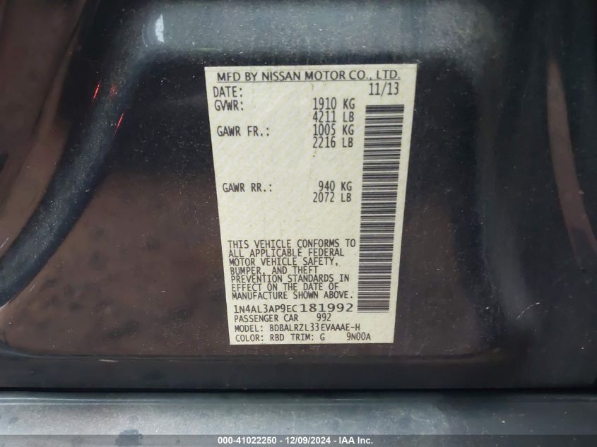 2014 Nissan Altima 2.5 S VIN: 1N4AL3AP9EC181992 Lot: 41022250