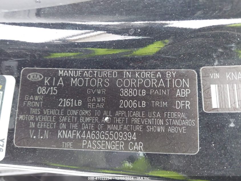 VIN KNAFK4A63G5509394 2016 KIA FORTE no.9