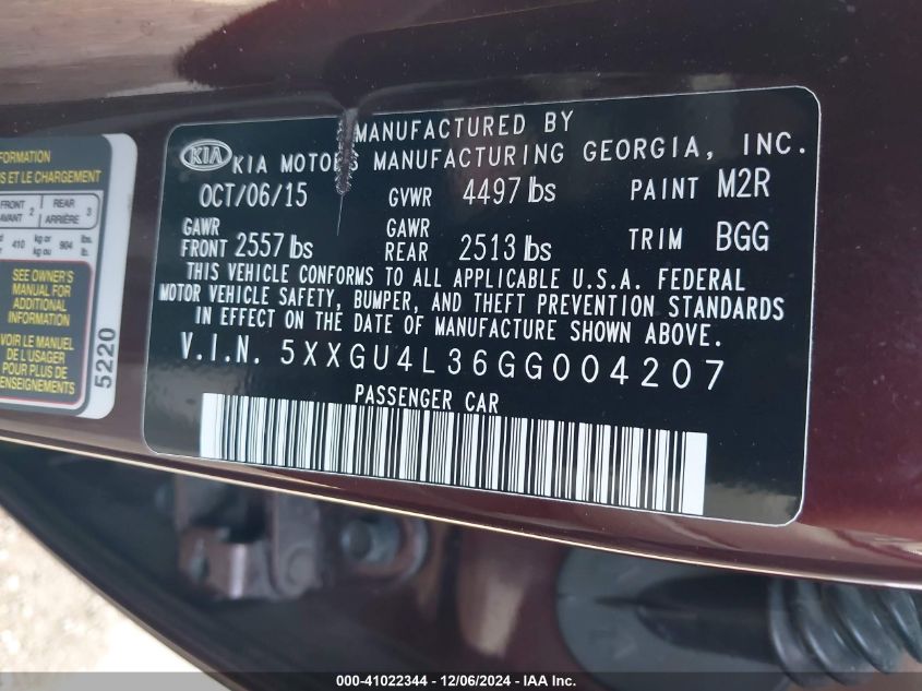 VIN 5XXGU4L36GG004207 2016 KIA OPTIMA no.9