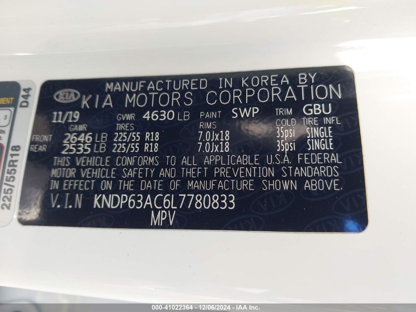 VIN KNDP63AC6L7780833 2020 KIA Sportage, S no.9