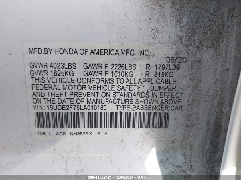 VIN 19UDE2F76LA010180 2020 ACURA ILX no.9