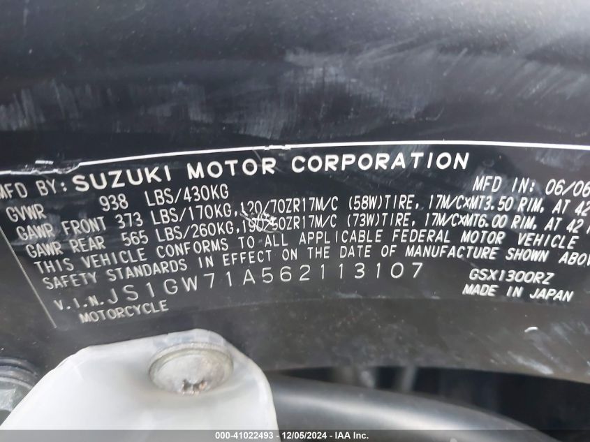 2006 Suzuki Gsx1300 R VIN: JS1GW71A562113107 Lot: 41022493