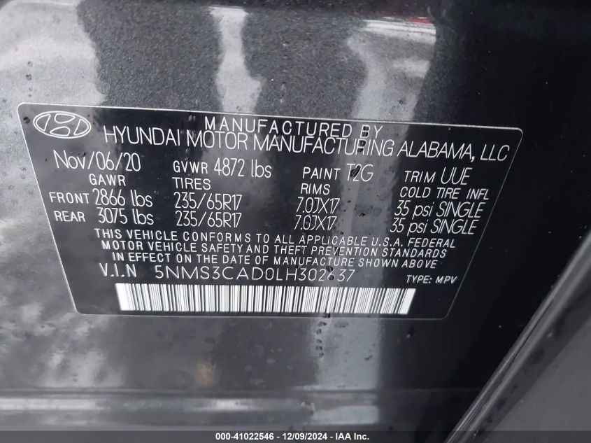 VIN 5NMS3CAD0LH302637 2020 Hyundai Santa Fe, Sel no.9