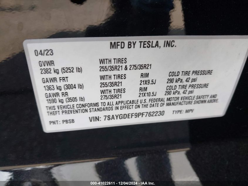 2023 Tesla Model Y Performance Dual Motor All-Wheel Drive VIN: 7SAYGDEF9PF762230 Lot: 41022611