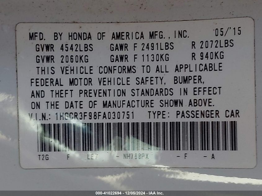 VIN 1HGCR3F98FA030751 2015 Honda Accord, Touring no.9