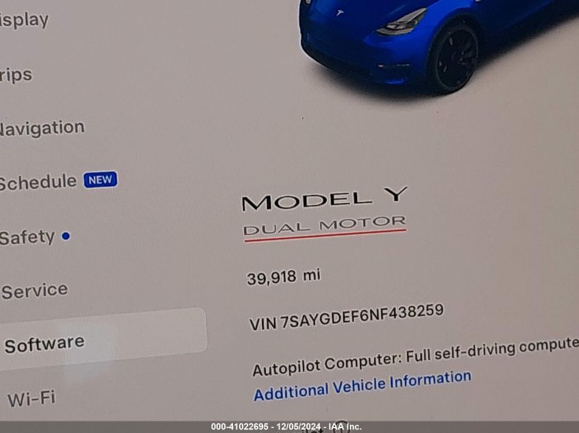 VIN 7SAYGDEF6NF438259 2022 Tesla Model Y, Performan... no.16