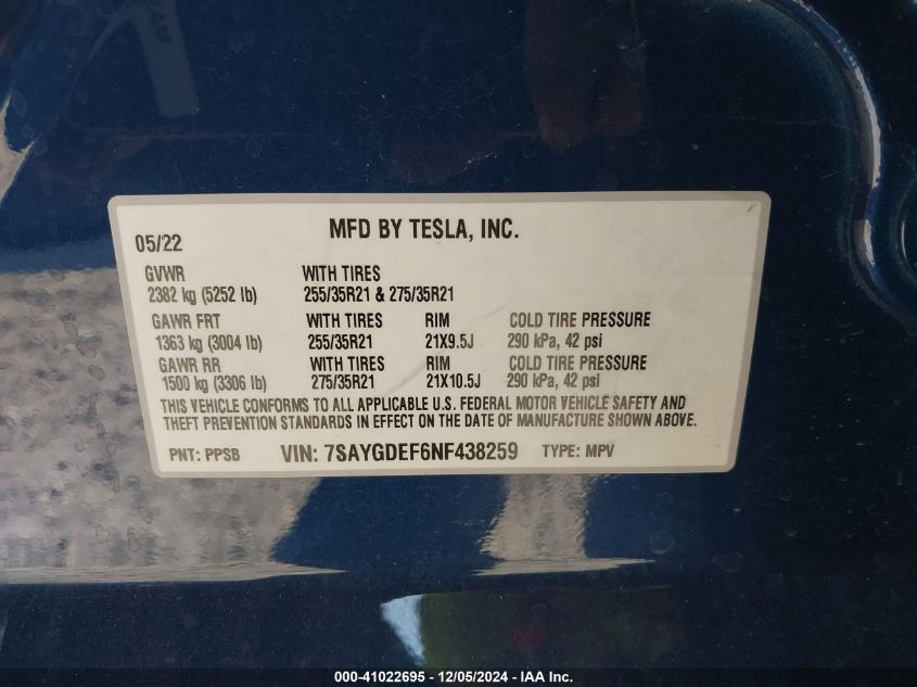 VIN 7SAYGDEF6NF438259 2022 Tesla Model Y, Performan... no.9