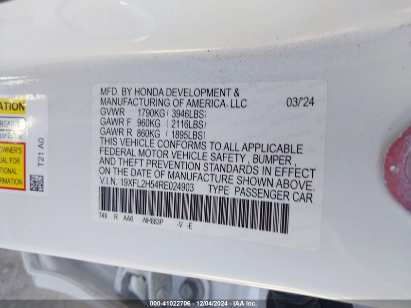 2024 HONDA CIVIC LX - 19XFL2H54RE024903