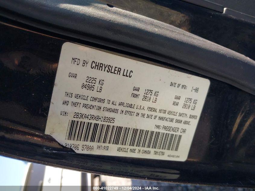 2008 Dodge Charger VIN: 2B3KA43RX8H183925 Lot: 41022749