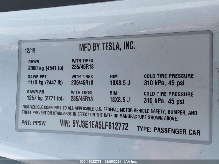 2020 Tesla Model 3 Standard Range Plus Rear-Wheel Drive/Standard Range Rear-Wheel Drive VIN: 5YJ3E1EA5LF612772 Lot: 41022779