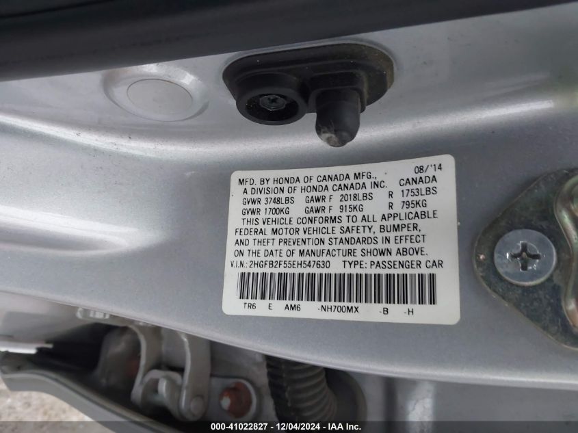 VIN 2HGFB2F55EH547630 2014 HONDA CIVIC no.9