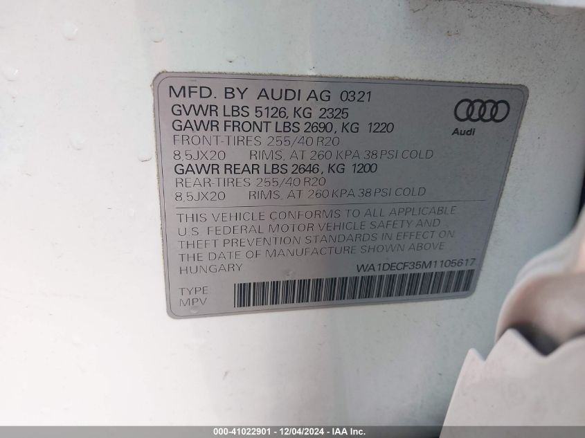 VIN WA1DECF35M1105617 2021 Audi Q3, Premium 45 Tfsi... no.9