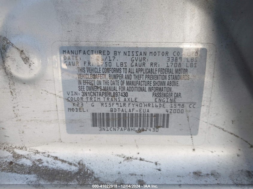 2017 NISSAN VERSA 1.6 S - 3N1CN7AP8HL897430