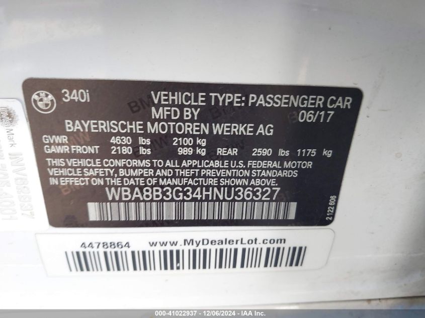 VIN WBA8B3G34HNU36327 2017 BMW 340I no.9