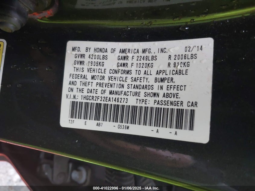 2014 HONDA ACCORD VIN: 1HGCR2F32EA146273
