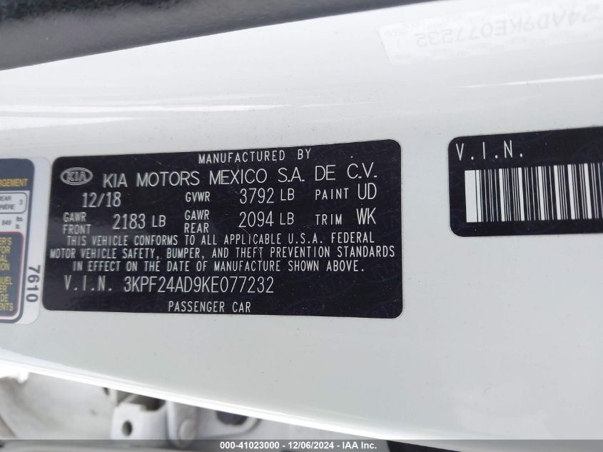 VIN 3KPF24AD9KE077232 2019 KIA Forte, Lxs no.9