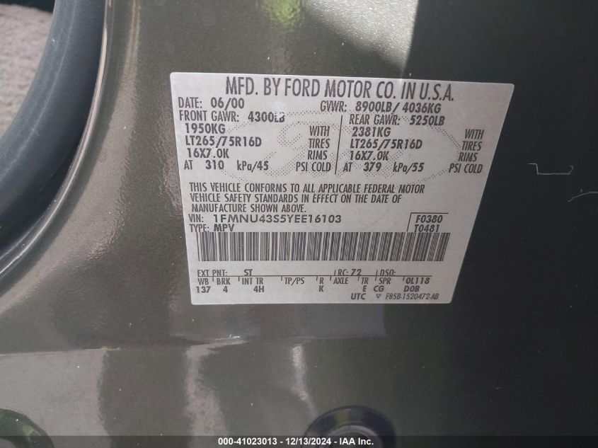 2000 Ford Excursion VIN: 1FMNU43S5YEE16103 Lot: 41023013